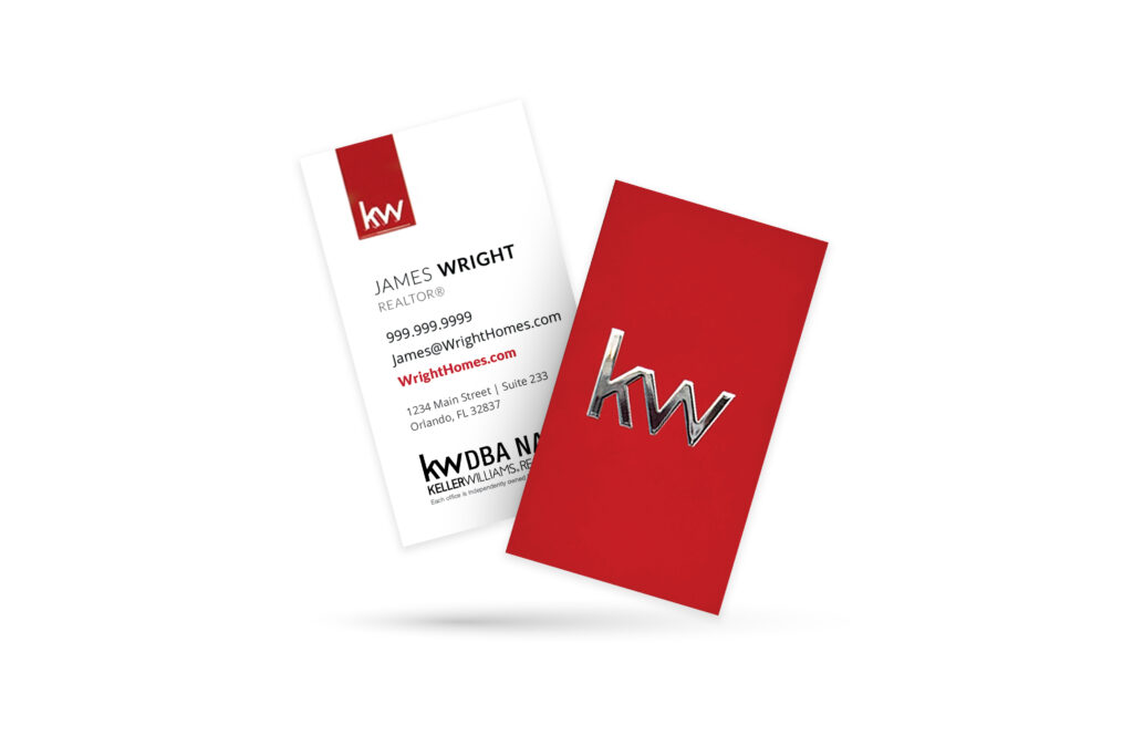 Vertical White Front Red Back Spot UV and Foil Logo KW Business Card